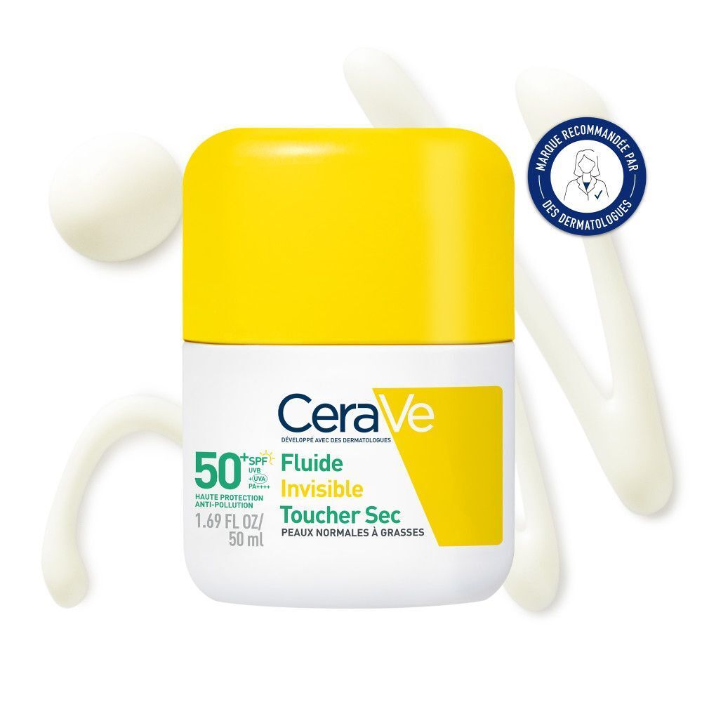Flacon avec bouchon jaune et étiquette blanche. L'étiquette indique "CeraVe Fluide Invisible Toucher Sec SPF50+".