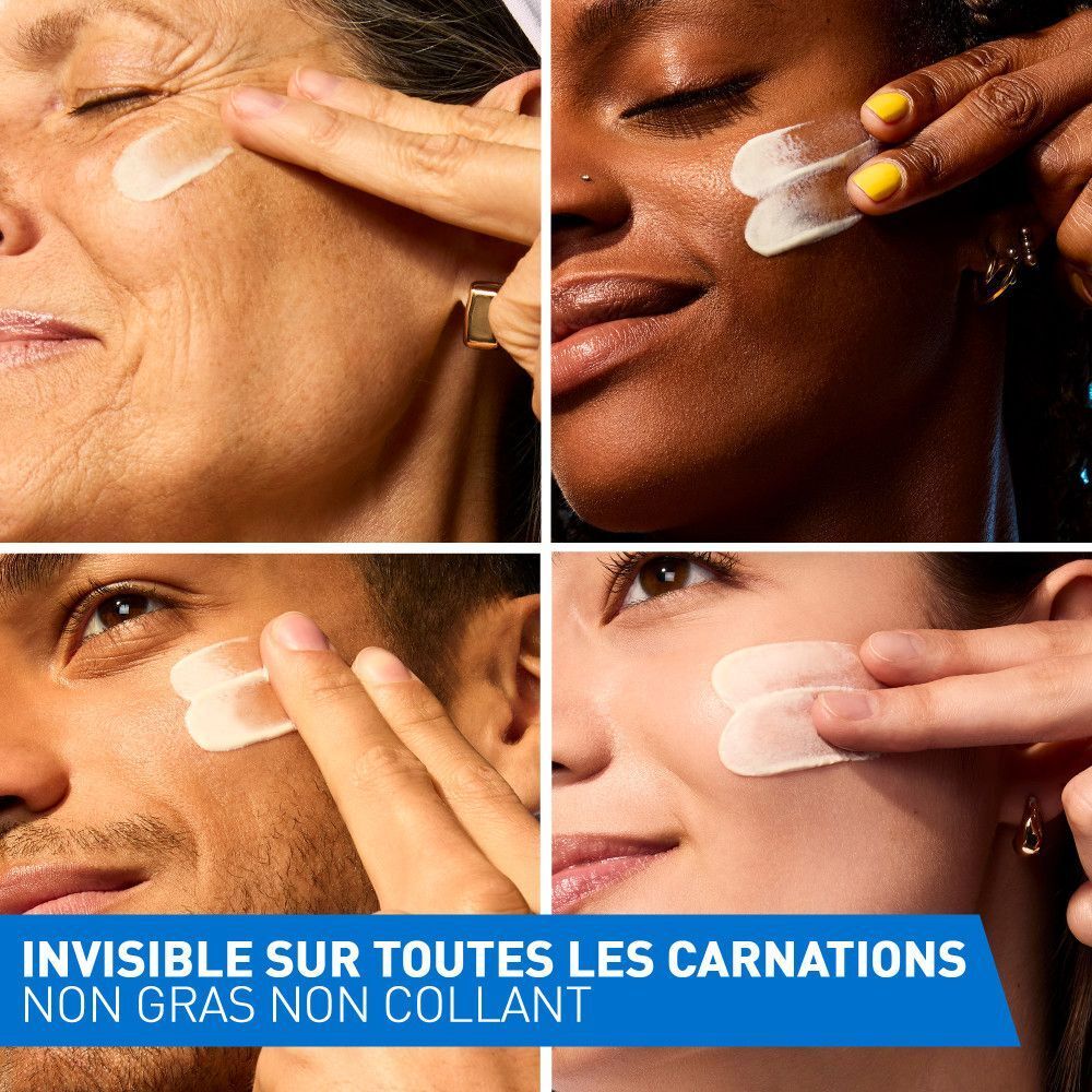 Plusieurs visages avec crème appliquée. Texte : "INVISIBLE SUR TOUTES LES CARNATIONS".