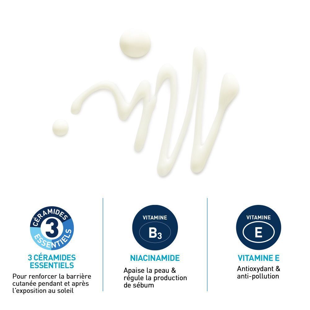 Texte et illustration des ingrédients : 3 céramides essentiels, niacinamide, vitamine B3, vitamine E.