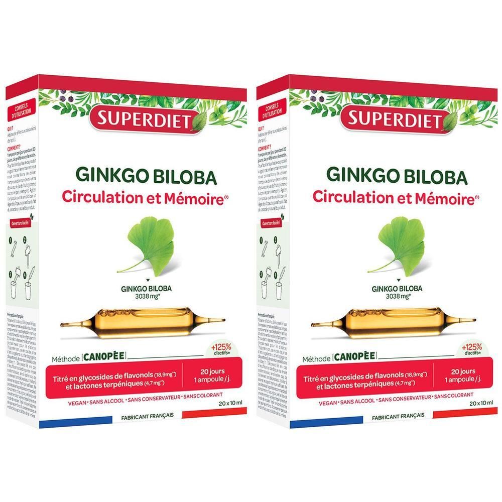 Deux boîtes de Superdiet Ginkgo Biloba ampoules pour la circulation et la mémoire.