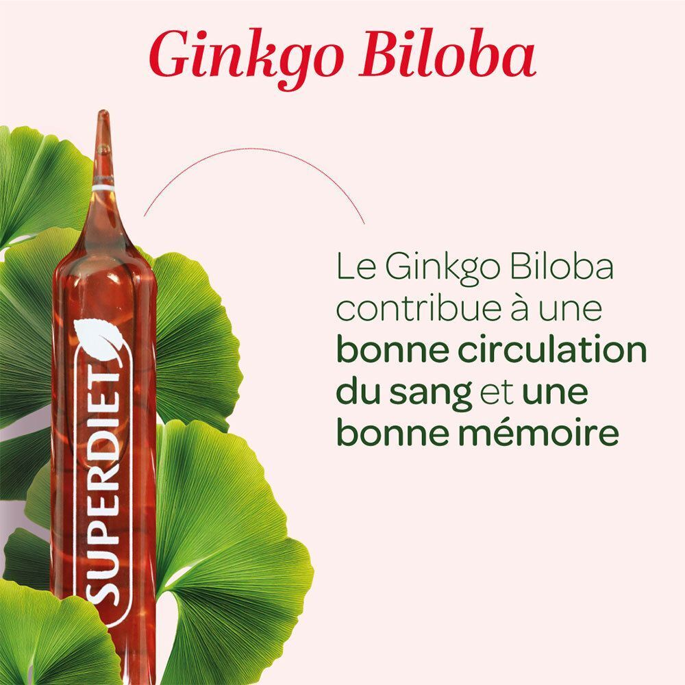 Une ampoule Superdiet Ginkgo Biloba avec des feuilles de ginkgo. Favorise la circulation sanguine et la mémoire.
