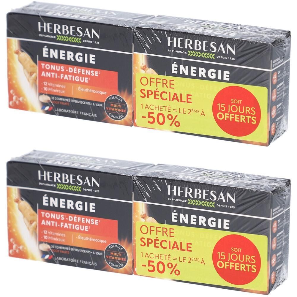 Deux boîtes HERBESAN ENERGIE. Inscription : Énergie, Tonus-Défense, Anti-Fatigue. Offre spéciale : 50% sur le 2ème produit.