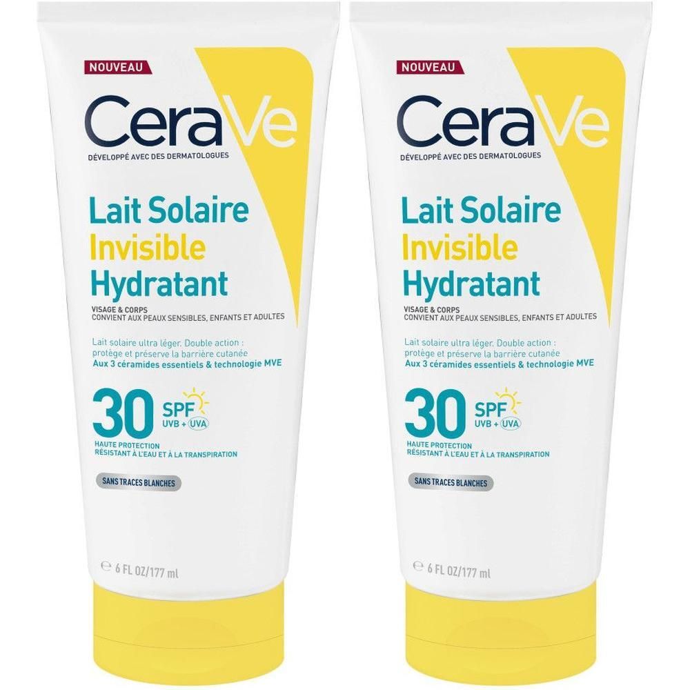 Deux tubes de CeraVe Lait Solaire Invisible Hydratant SPF30. Emballage blanc et jaune, nom du produit et SPF clairement visibles.