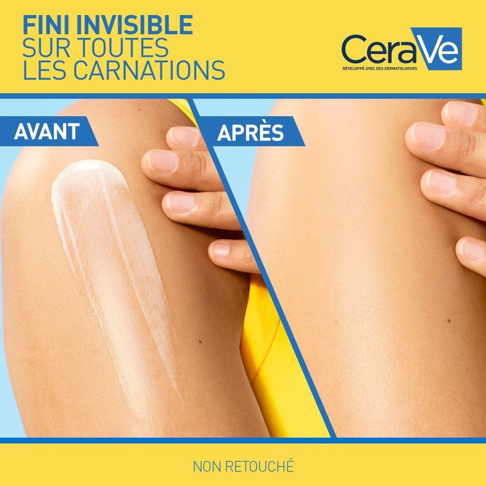Comparaison avant-après application. Texte : Fini invisible sur tous les types de peau. Non retouché.