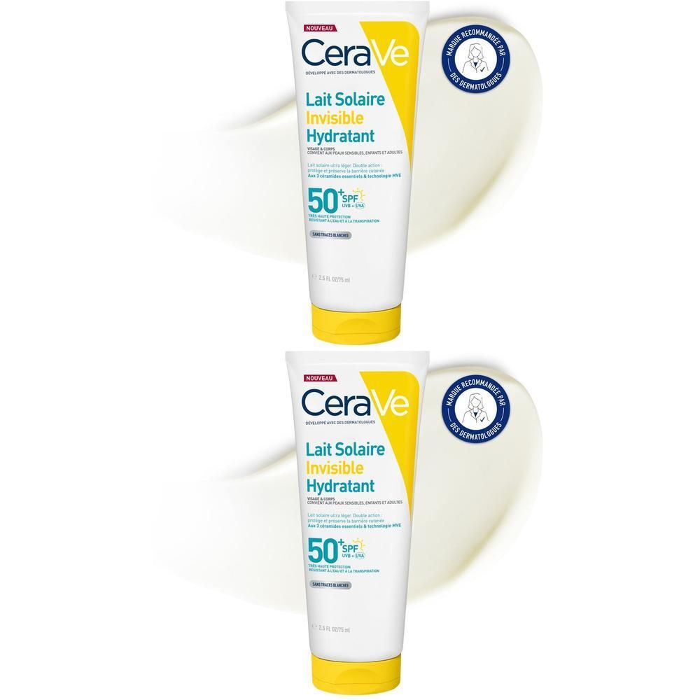 Deux tubes de CeraVe Lait Solaire Hydratant Invisible SPF50+ Visage et Corps. Design blanc avec accents jaunes.