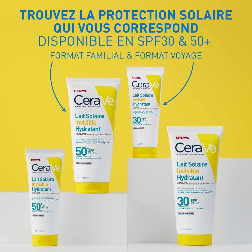 Différentes tailles de CeraVe Lait Solaire Hydratant Invisible SPF30 & 50+. Format familial & Format voyage.