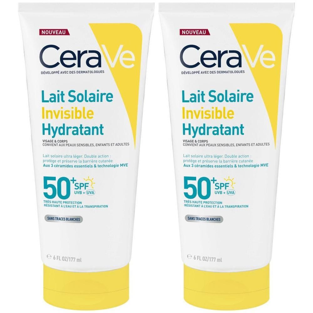 Deux tubes de CeraVe Lait Solaire Invisible Hydratant SPF50+ Visage et Corps. Tubes blancs avec accents jaunes et texte bleu.