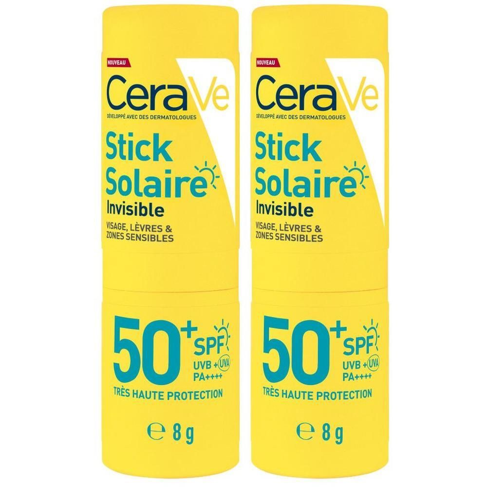 Deux sticks solaires CeraVe Stick Solaire Invisible SPF50+ jaunes. Inscription : 50+ SPF, 8g.