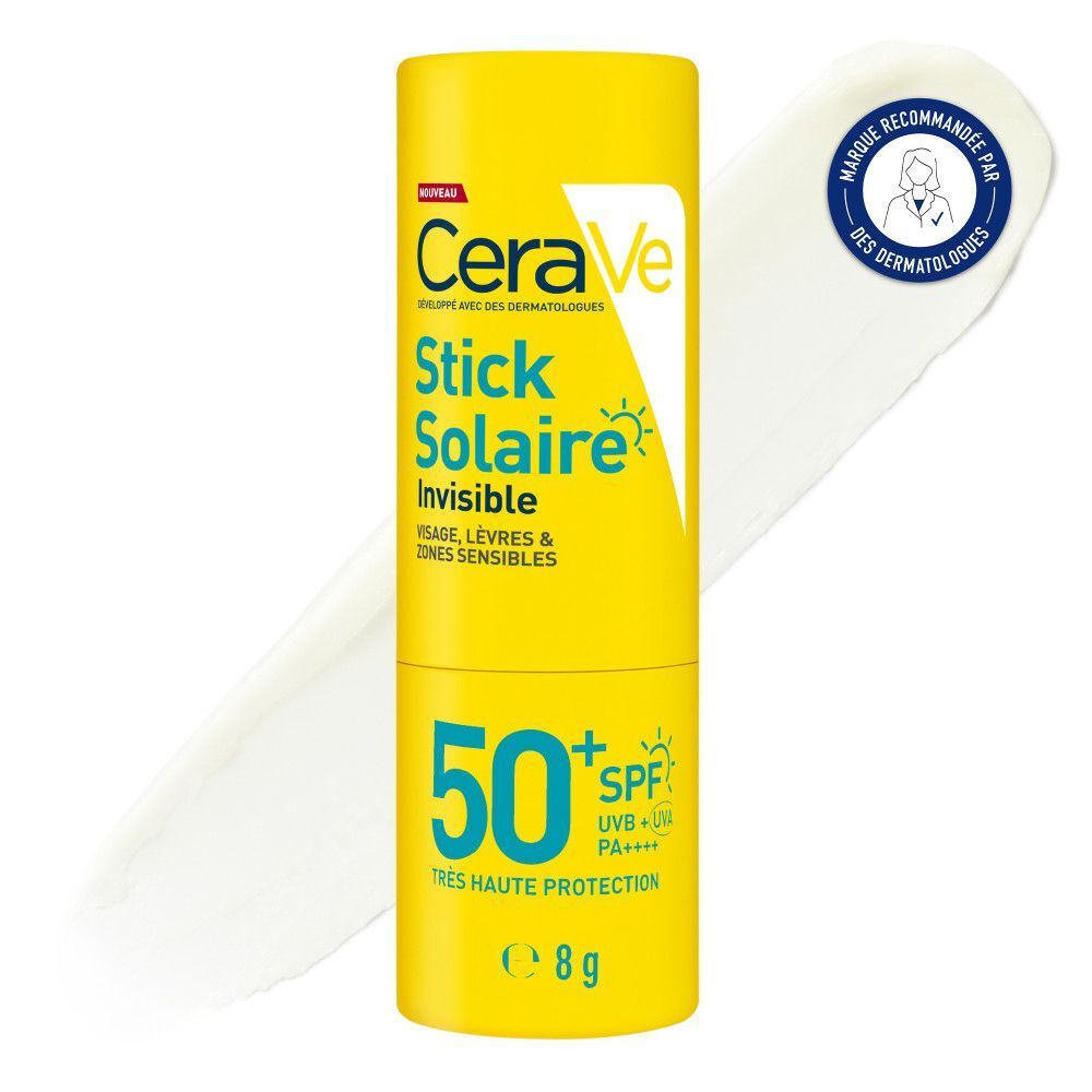 Stick solaire CeraVe Stick Solaire Invisible SPF50+ jaune avec trace blanche. Inscription : 50+ SPF, 8g.