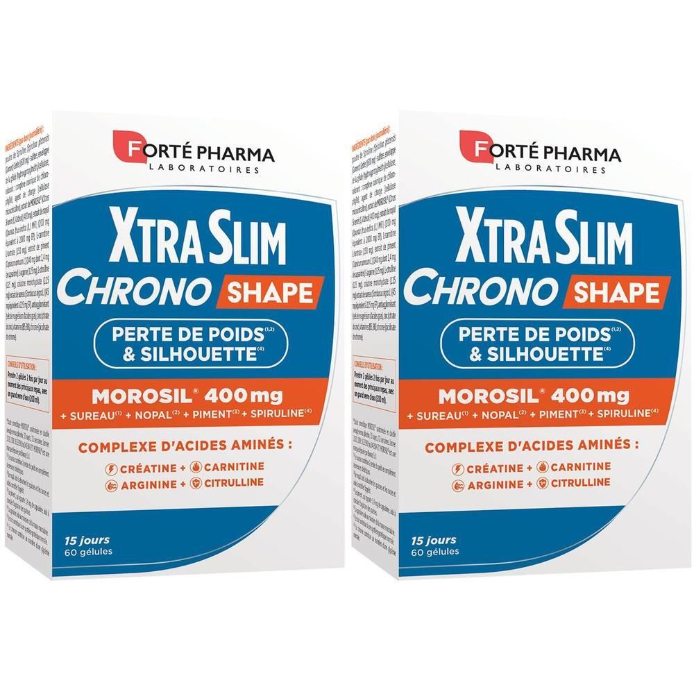 Deux boîtes XtraSlim Chrono Shape. Inscription: Perte de poids & silhouette, Morosil 400mg, 15 jours, 60 gélules.