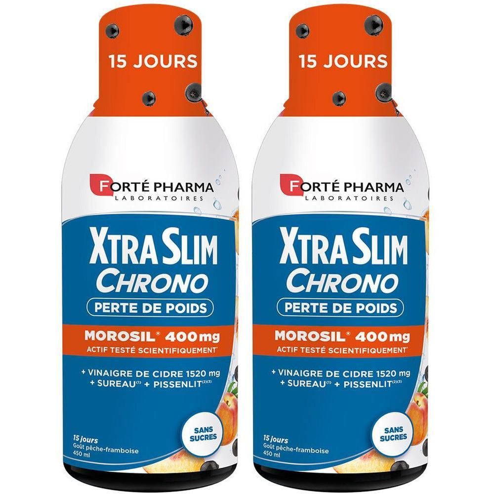 Deux flacons XtraSlim Chrono. Inscription: Forte Pharma, MOROSIL 400mg, 15 jours. Sans sucres. Goût pêche-framboise.