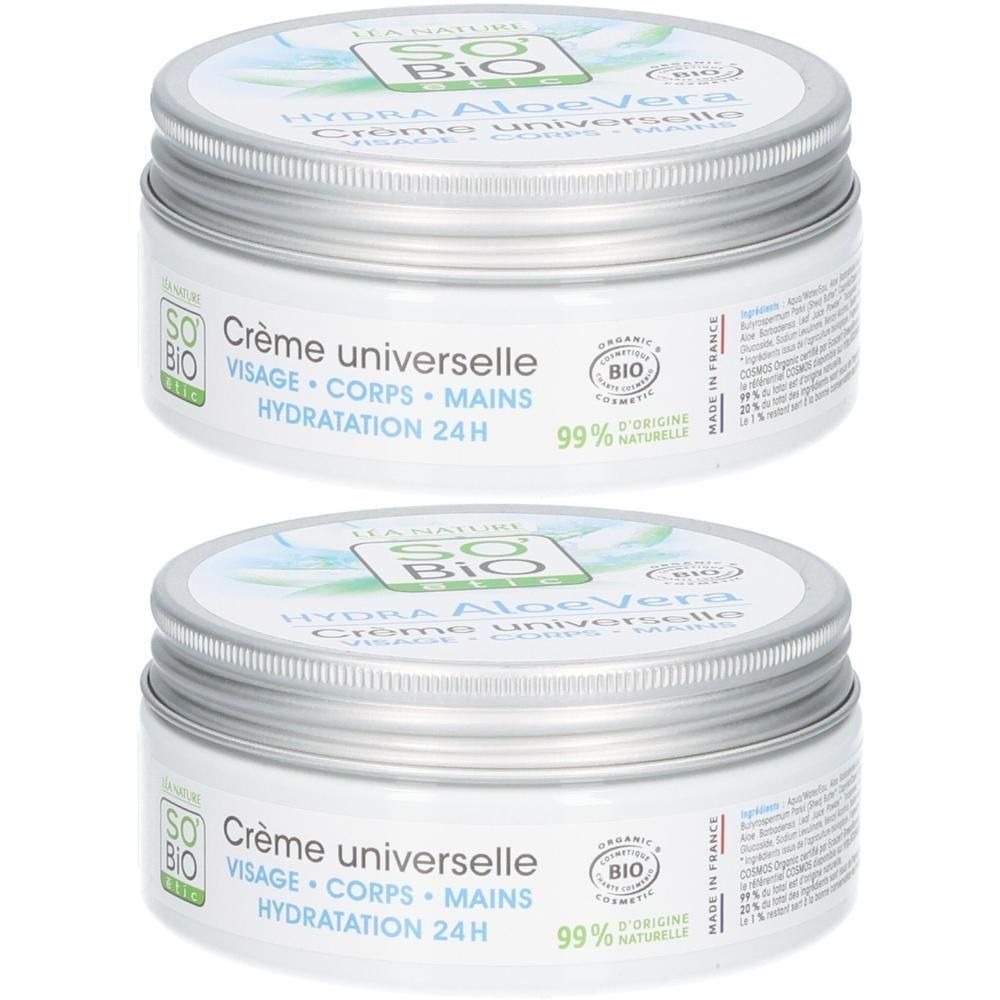 Deux pots de crème avec couvercles à vis. Inscription: Hydra Aloe Vera, Crème universelle, Visage, Corps, Mains, Hydratation 24H. Label Bio.