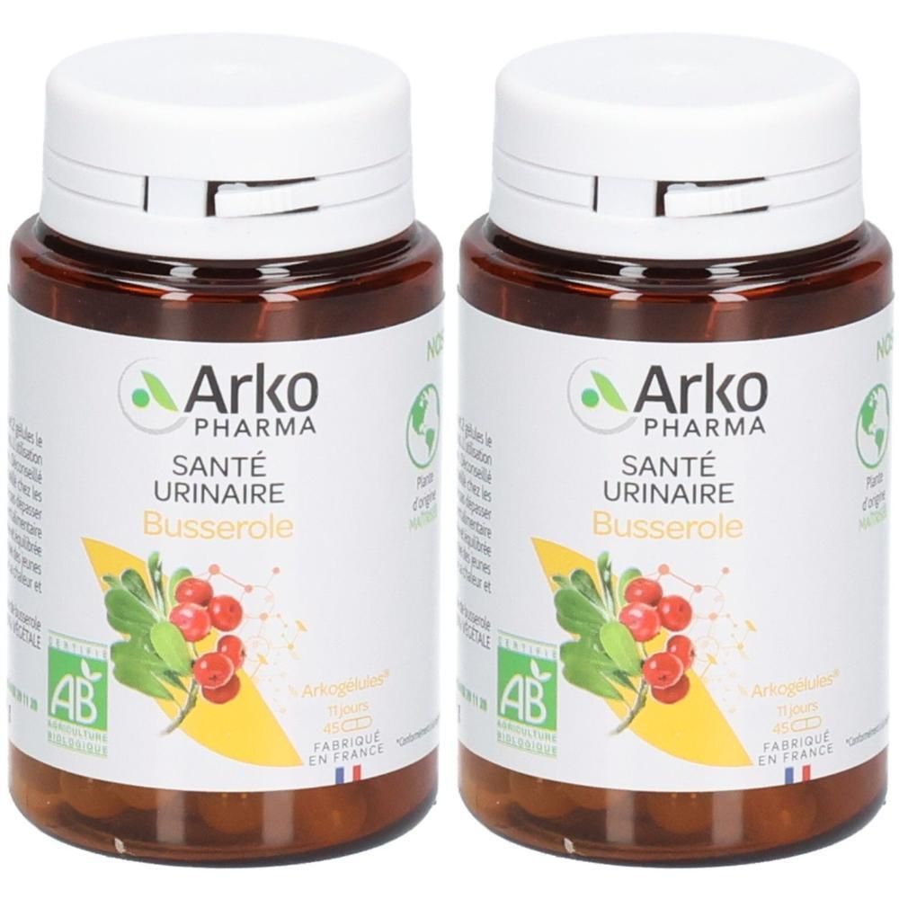 Deux flacons bruns avec bouchons blancs. Étiquettes : "Arko Pharma Santé Urinaire Busserole". Label AB bio.