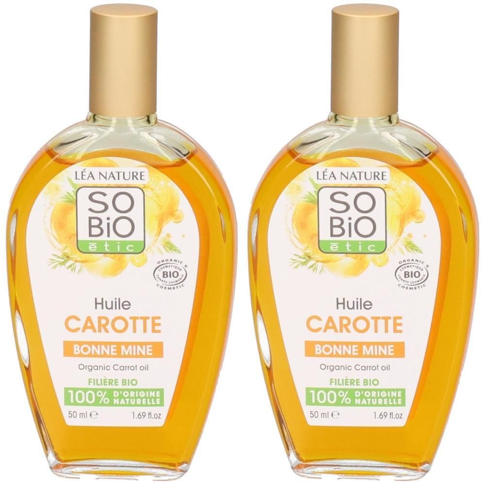 Deux flacons d'Huile de Carotte Bio. Bouchon doré, huile orangée. Texte: Huile Carotte, Bonne Mine, label bio.