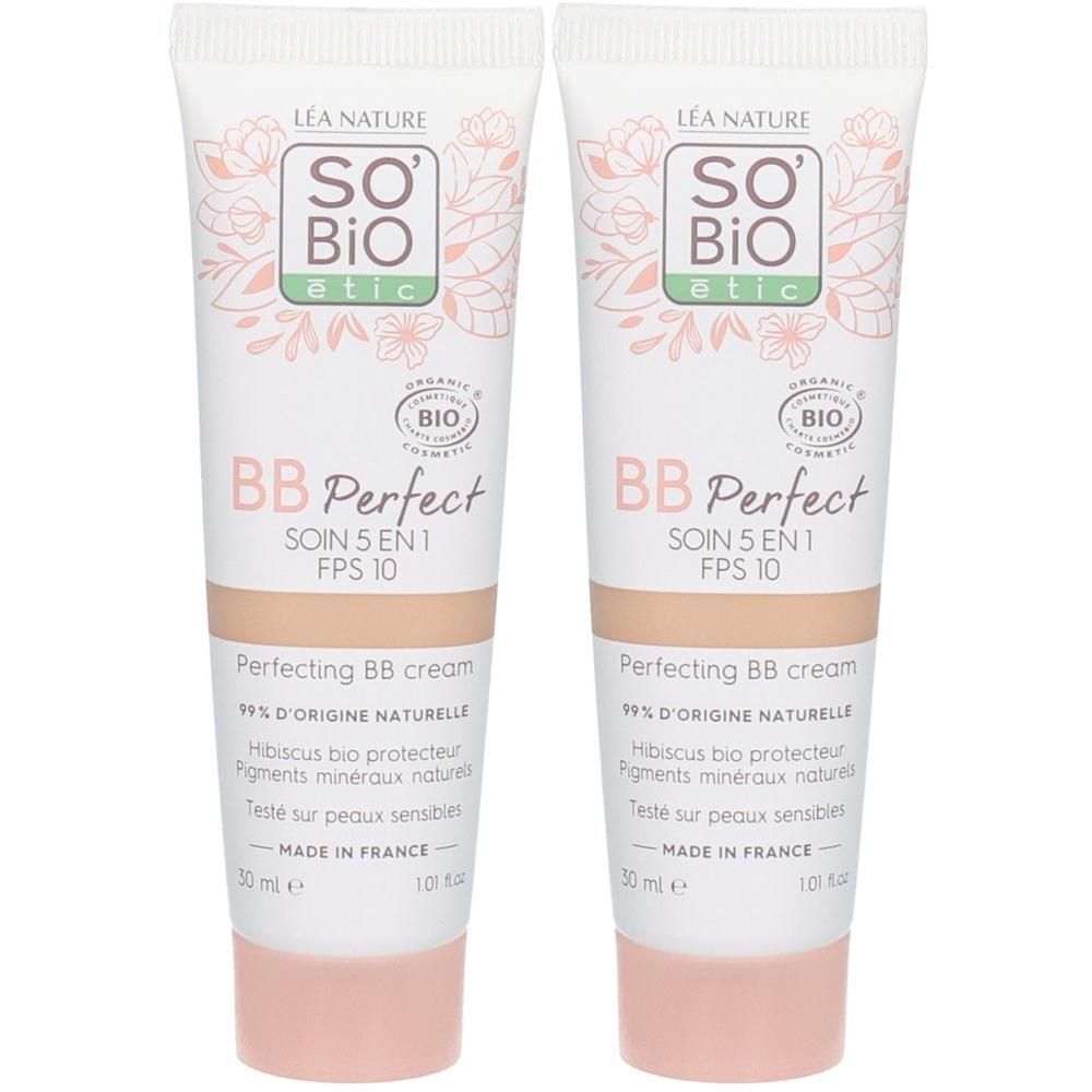 Deux tubes de crème BB Perfect. Blanc, avec des accents roses et bruns. Inscription : So Bio Etic, BB Perfect, Soin 5 en 1, FPS 10. Certification bio.