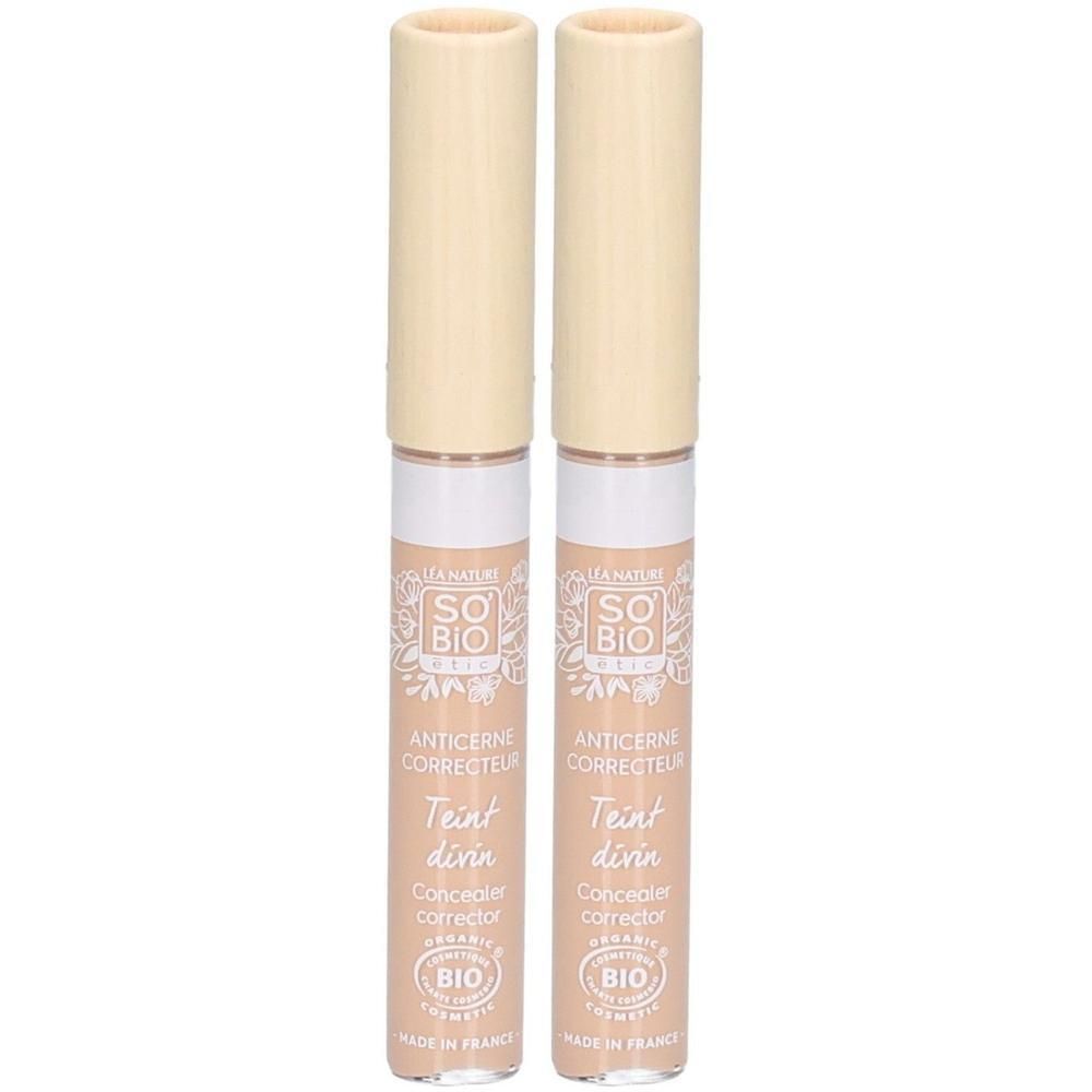 Deux correcteurs de teint avec bouchons beiges. Inscription "SO BIO" et "ANTICERNE CORRECTEUR" sur les tubes.