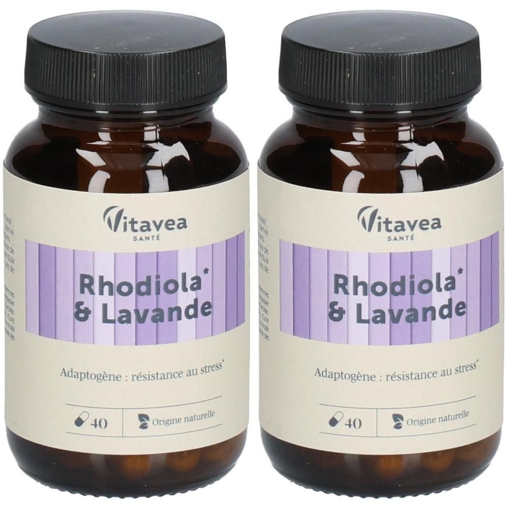 Deux flacons bruns avec bouchons noirs. Étiquettes "Vitavea Santé Rhodiola & Lavande". Chaque flacon contient 40 gélules. Origine naturelle.