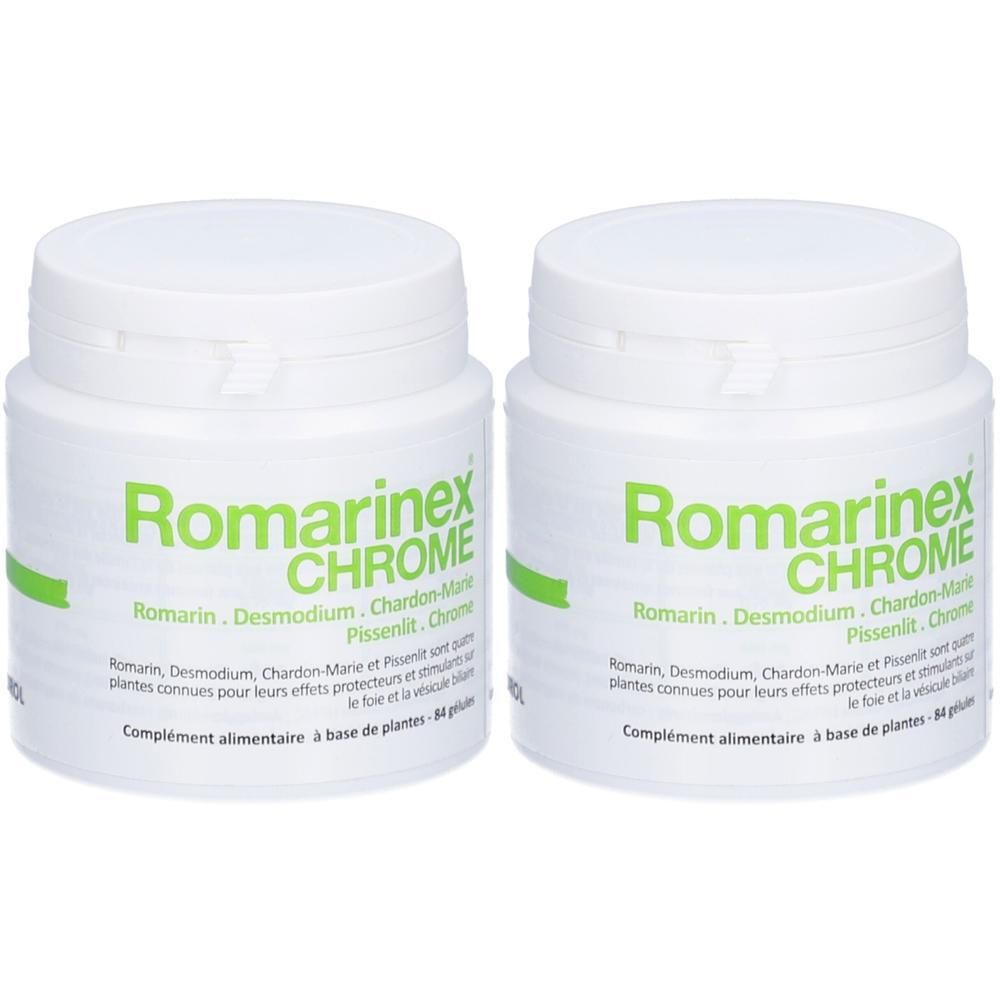 Deux pots blancs avec étiquette verte. Inscription: Romarinex Chrome. Contient 84 gélules. Complément alimentaire à base de plantes.