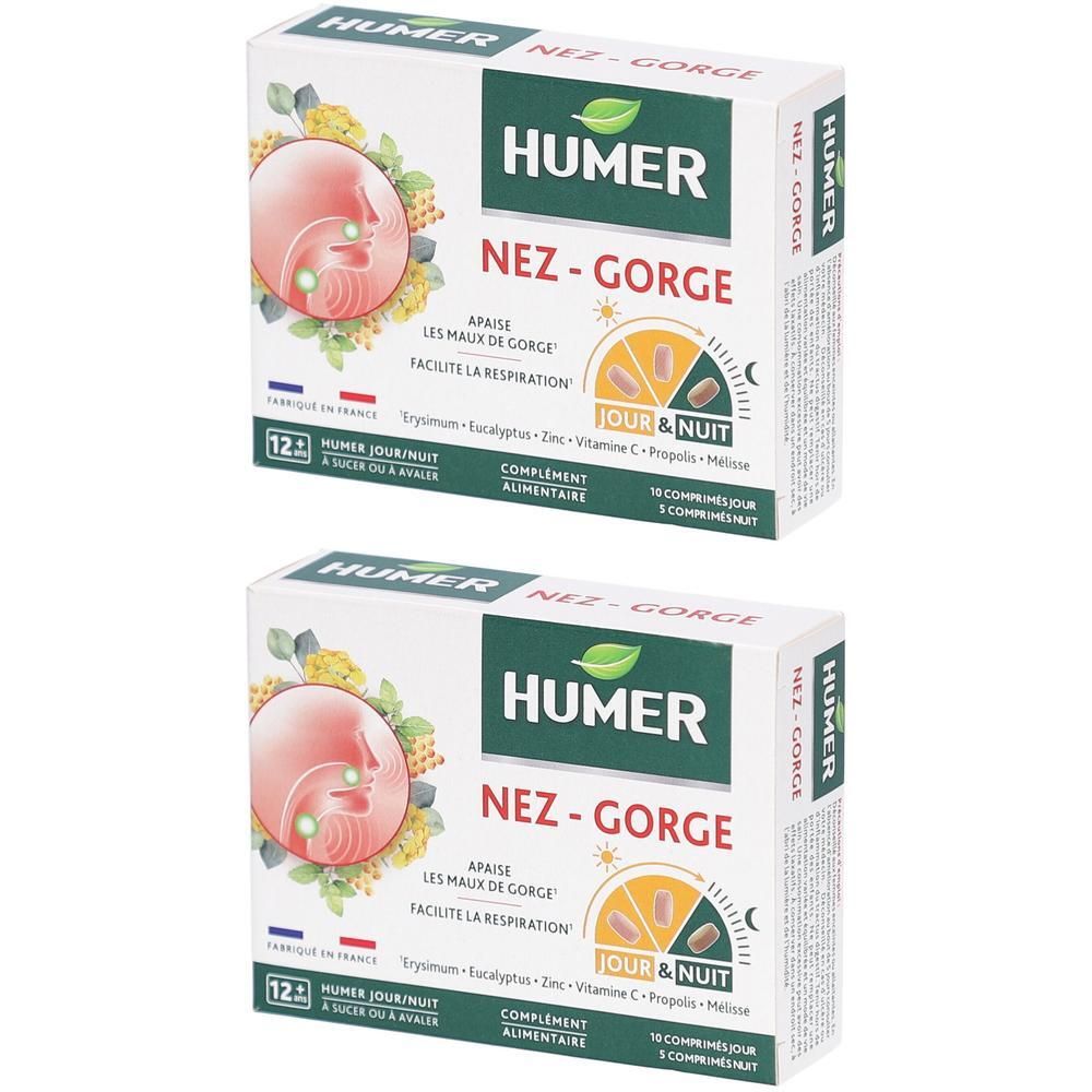 Deux boîtes HUMER Nez-Gorge. Inscription Nez-Gorge, Jour & Nuit, 12 comprimés. Illustration nez et gorge.