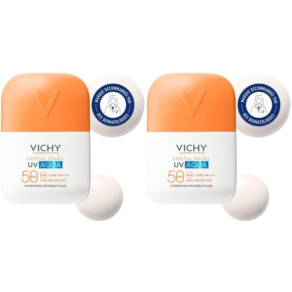 Deux flacons de Vichy Capital Soleil UV Aqua Fluide Hydratant Invisible SPF50. Flacons blancs avec bouchons orange et autocollants.