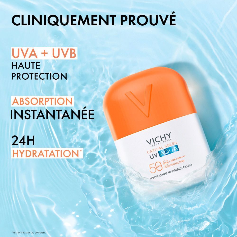 Flacon de produit dans l'eau. Texte: CLINQUEMENT PROUVÉ, UVA + UVB, HAUTE PROTECTION, ABSORPTION INSTANTANÉE, 24H HYDRATATION.