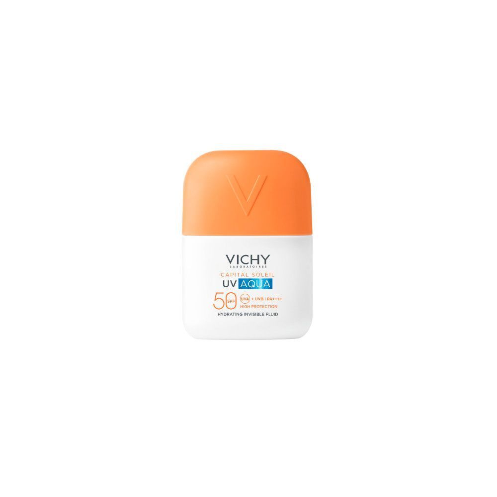 Flacon Vichy Capital Soleil UV Aqua Fluide Hydratant Invisible SPF50. Blanc avec bouchon orange.