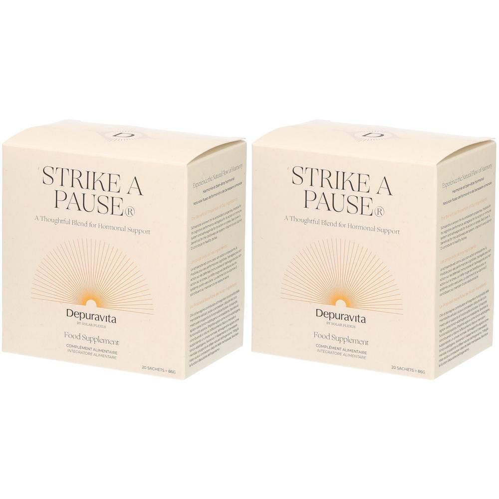 Deux boîtes carrées "Strike a Pause". Inscription "Depuravita Food Supplement". Emballage beige.