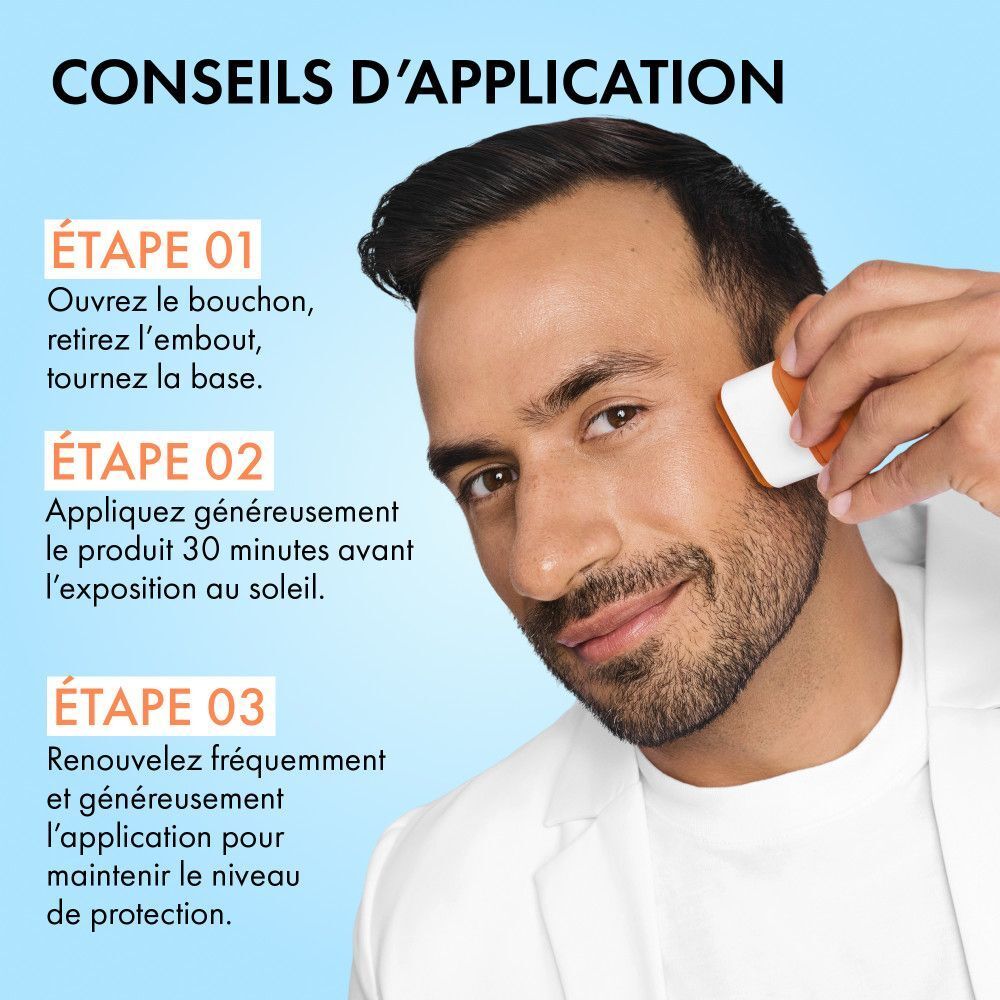 Homme appliquant le stick Vichy Capital Soleil. Texte : CONSEILS D'APPLICATION. Instructions étape par étape.