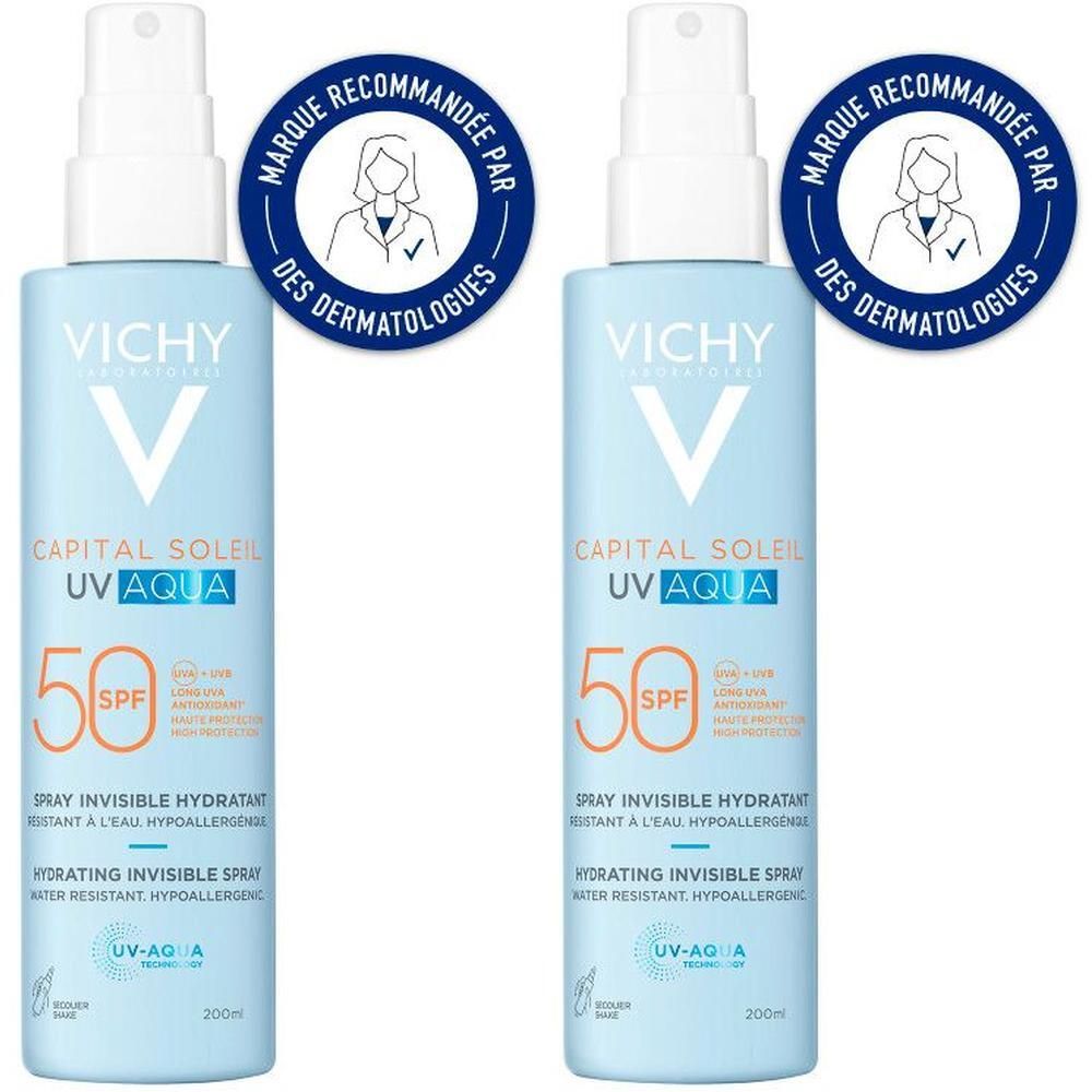 Deux flacons de Vichy Capital Soleil UV Aqua Spray. SPF 50. Recommandé par les dermatologues.