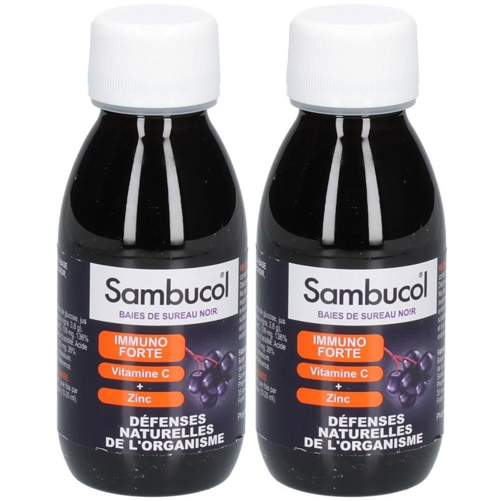 Deux flacons de liquide noir. Étiquettes avec nom du produit, ingrédients et indication de défenses naturelles.