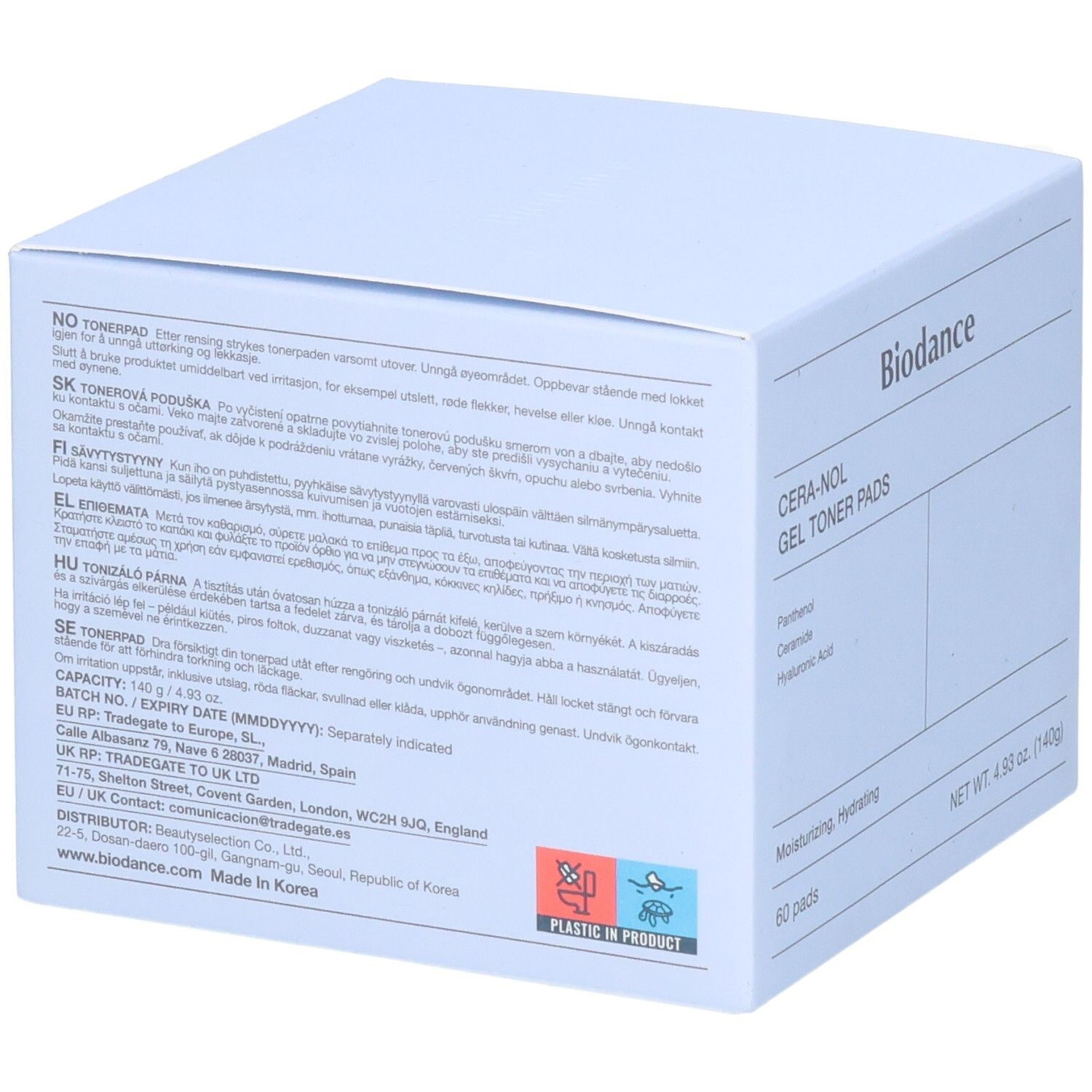 Arrière de l'emballage Biodance CERA-NOL GEL TONER PADS avec instructions et ingrédients.