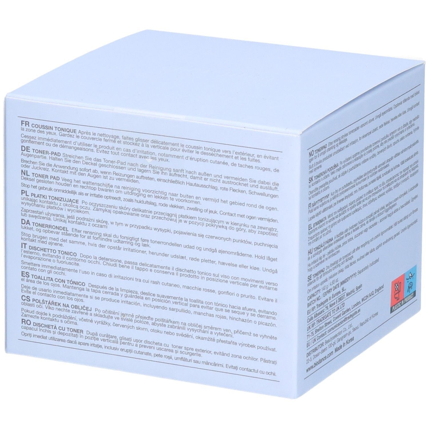 Vue latérale de l'emballage Biodance CERA-NOL GEL TONER PADS avec informations multilingues.