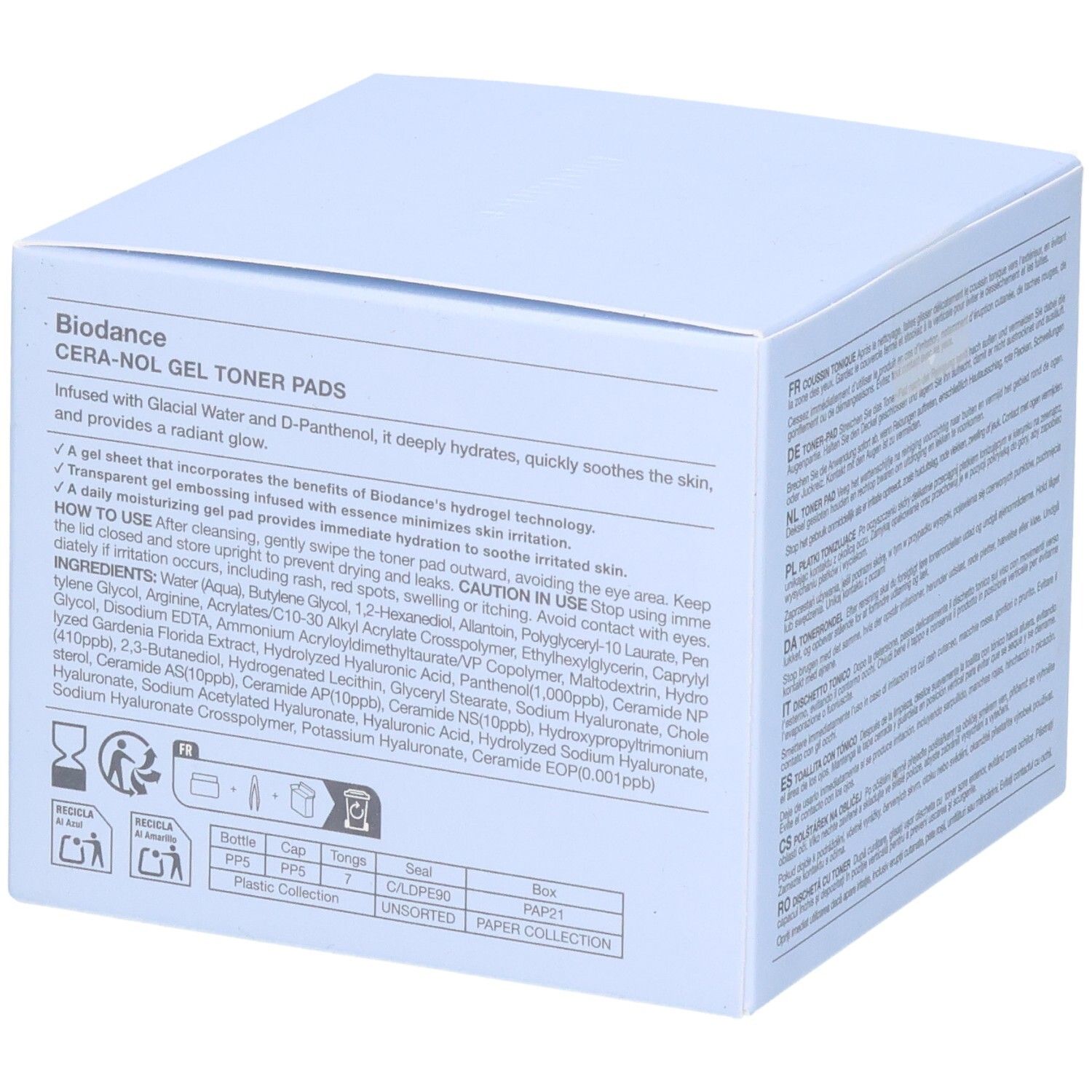 Emballage Biodance CERA-NOL GEL TONER PADS avec informations détaillées sur le produit et les ingrédients.