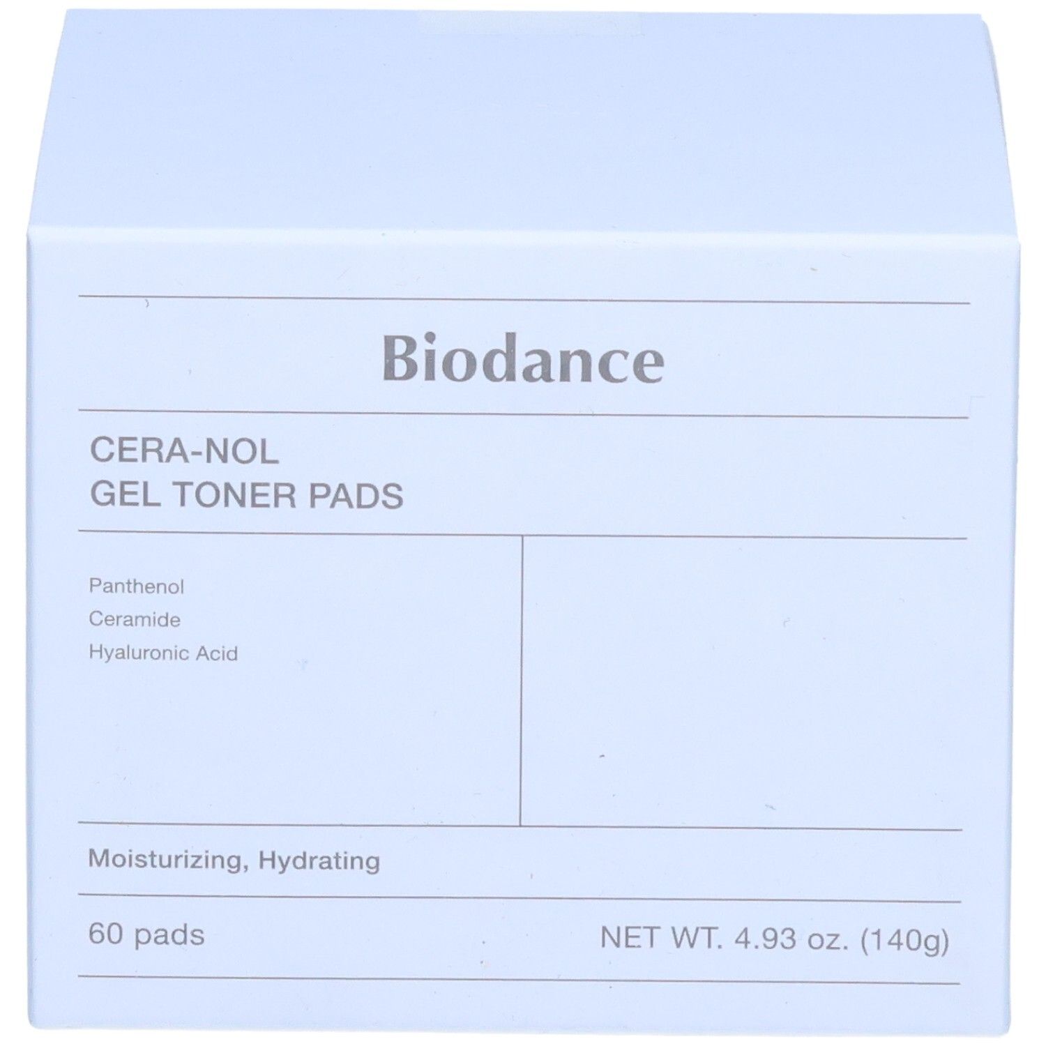Avant de l'emballage Biodance CERA-NOL GEL TONER PADS avec les caractéristiques principales.