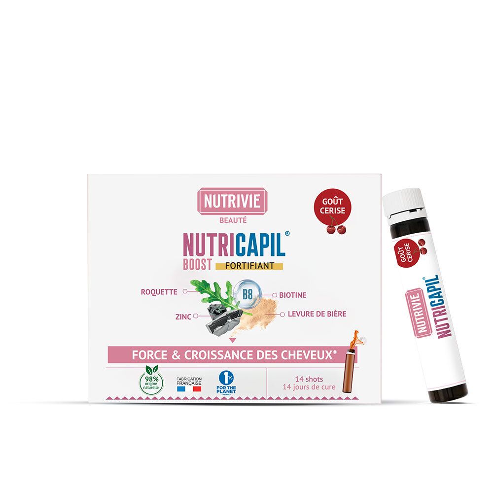 Boîte de 14 shots fortifiants pour cheveux, goût cerise. Contient biotine, zinc et levure de bière.