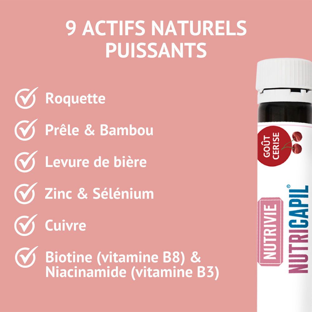 Liste des 9 actifs naturels de NUTRIVIE NUTRICAPIL BOOST, incluant biotine et zinc.