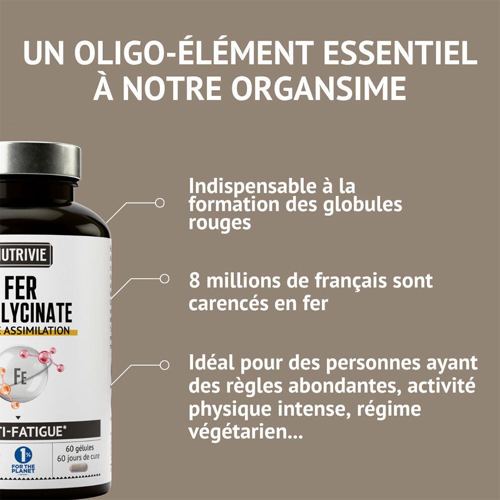 Flacon NUTRIVIE Fer Bisglycinate avec texte sur l'importance du fer.