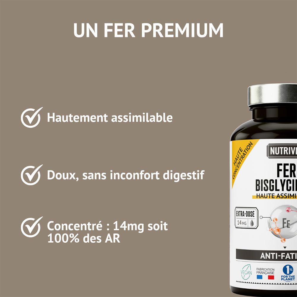 Flacon NUTRIVIE Fer Bisglycinate avec texte sur ses avantages : doux, haute concentration.