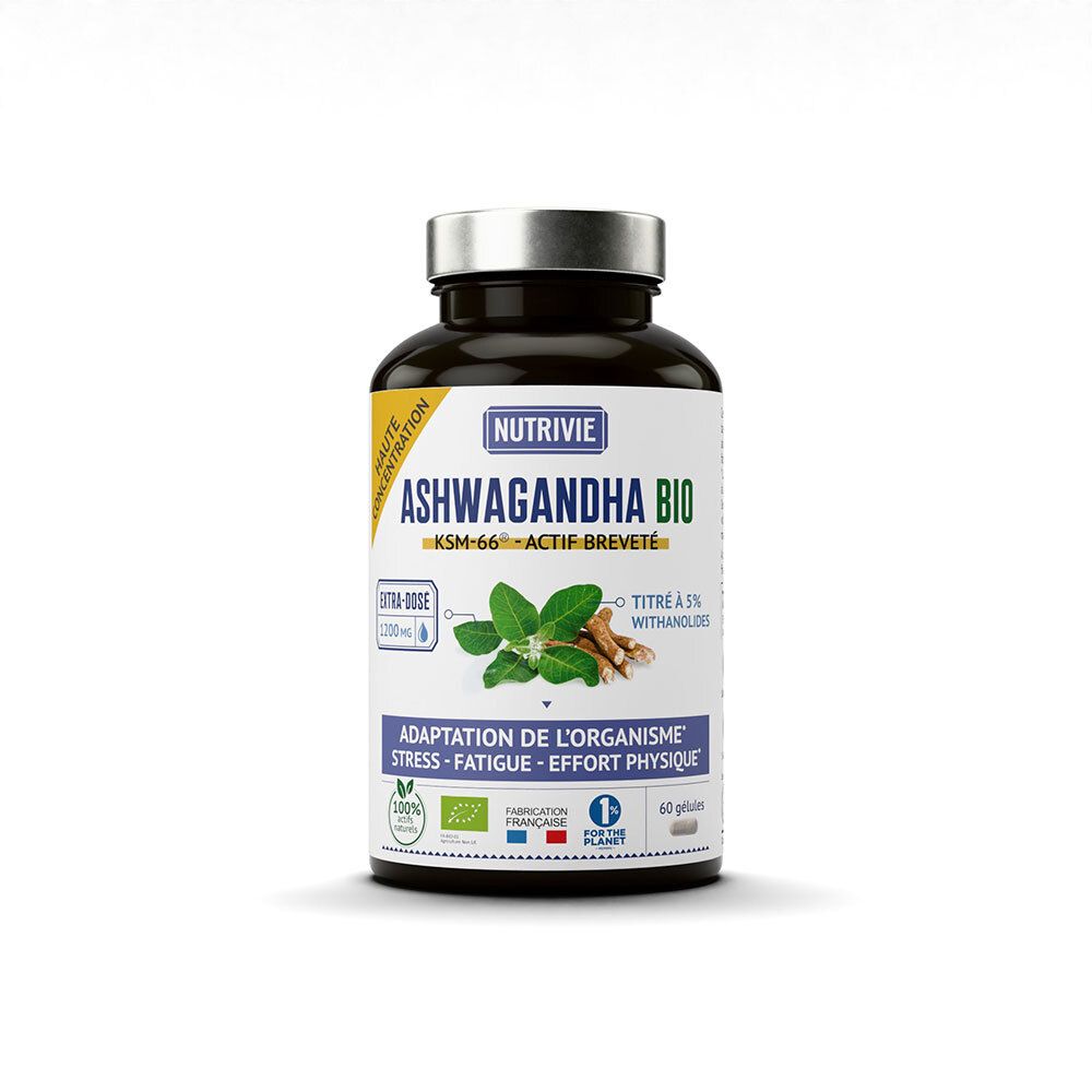 Flacon Nutrivie Ashwagandha Bio KSM-66 avec bouchon argenté.