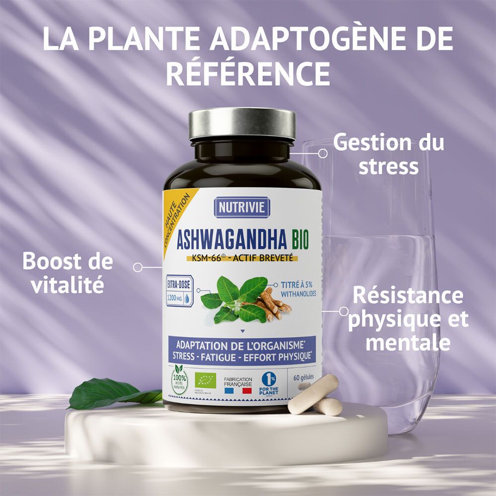 Bouteille Nutrivie Ashwagandha Bio KSM-66 près d'un verre d'eau, avec texte sur la gestion du stress.
