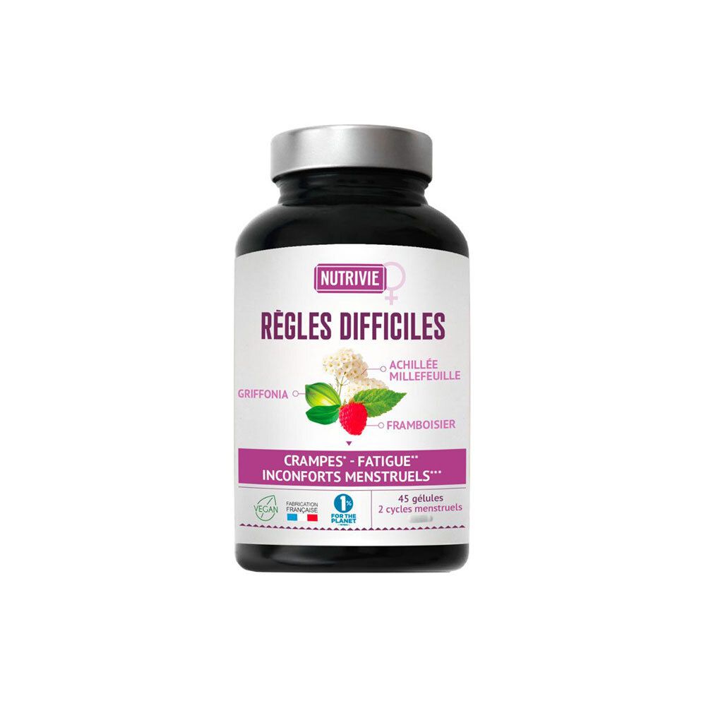 Bouteille foncée avec étiquette NUTRIVIE REGLES DIFFICILES, illustrant des herbes et des fruits.