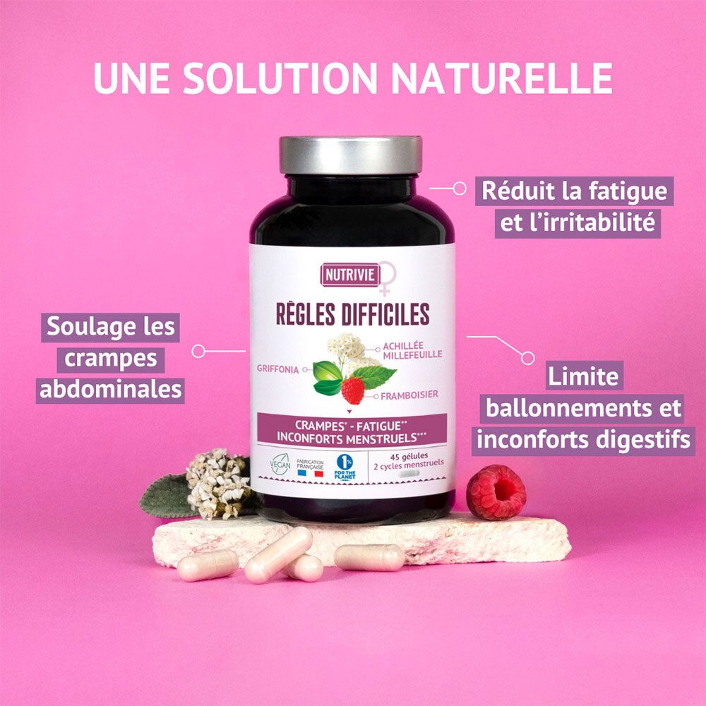 Bouteille NUTRIVIE REGLES DIFFICILES avec gélules, entourée d'herbes et fruits, avec texte sur les bénéfices.