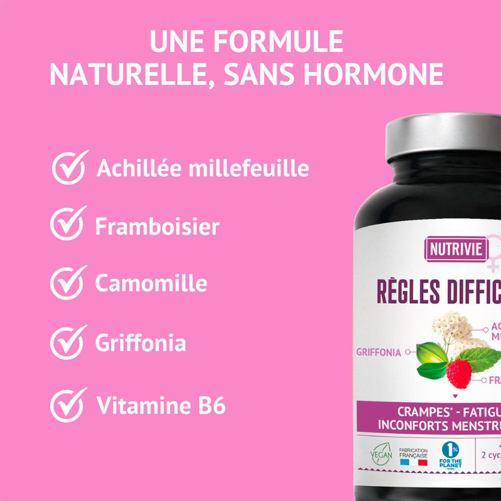 Bouteille NUTRIVIE REGLES DIFFICILES avec liste d'ingrédients naturels, sur fond rose.