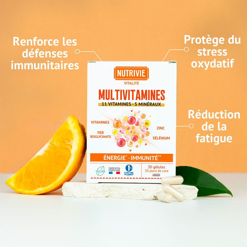 NUTRIVIE MULTIVITAMINES: 11 Vitamines, 5 Minéraux. 30 Gélules. Avec tranche d'orange.