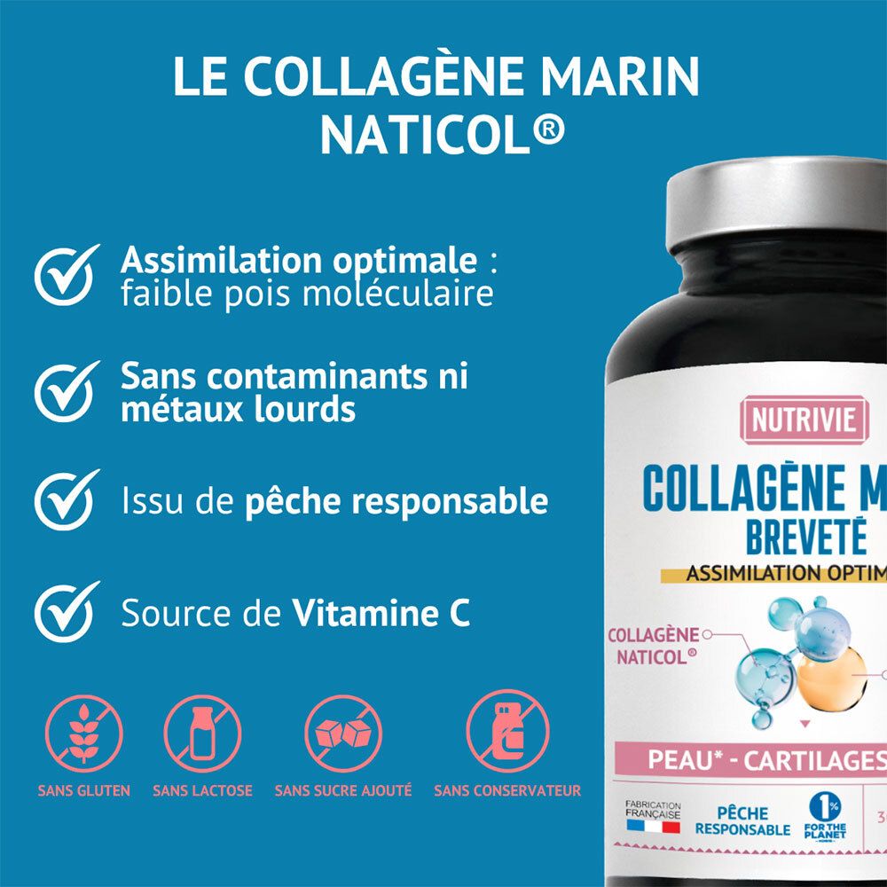 NUTRIVIE Collagène Marin Breveté: assimilation optimale, Vitamine C, sans gluten.