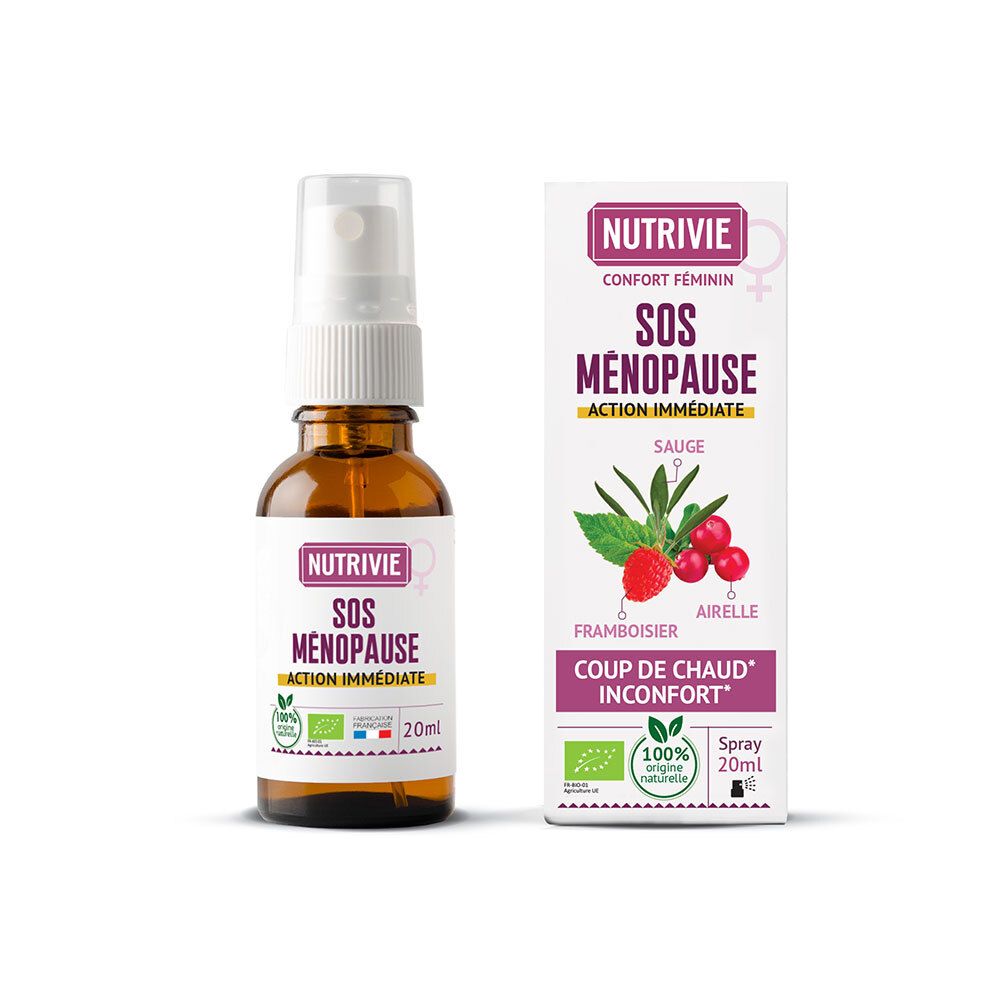Nutrivie SOS Ménopause Spray, 20ml. Flacon en verre brun avec spray et boîte pliante. Label Bio.