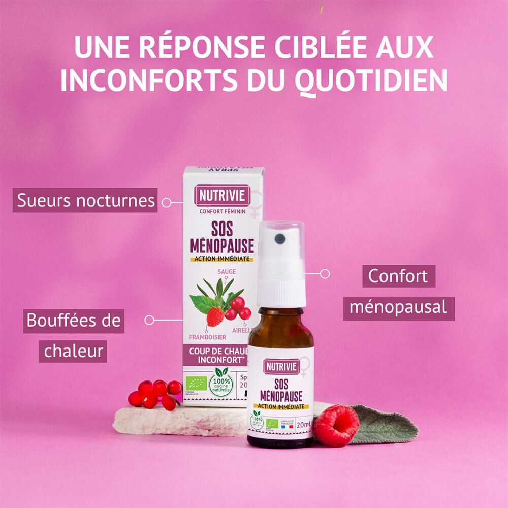 Nutrivie SOS Ménopause Spray, 20ml, avec boîte. Texte souligne le soulagement des bouffées de chaleur et sueurs nocturnes.