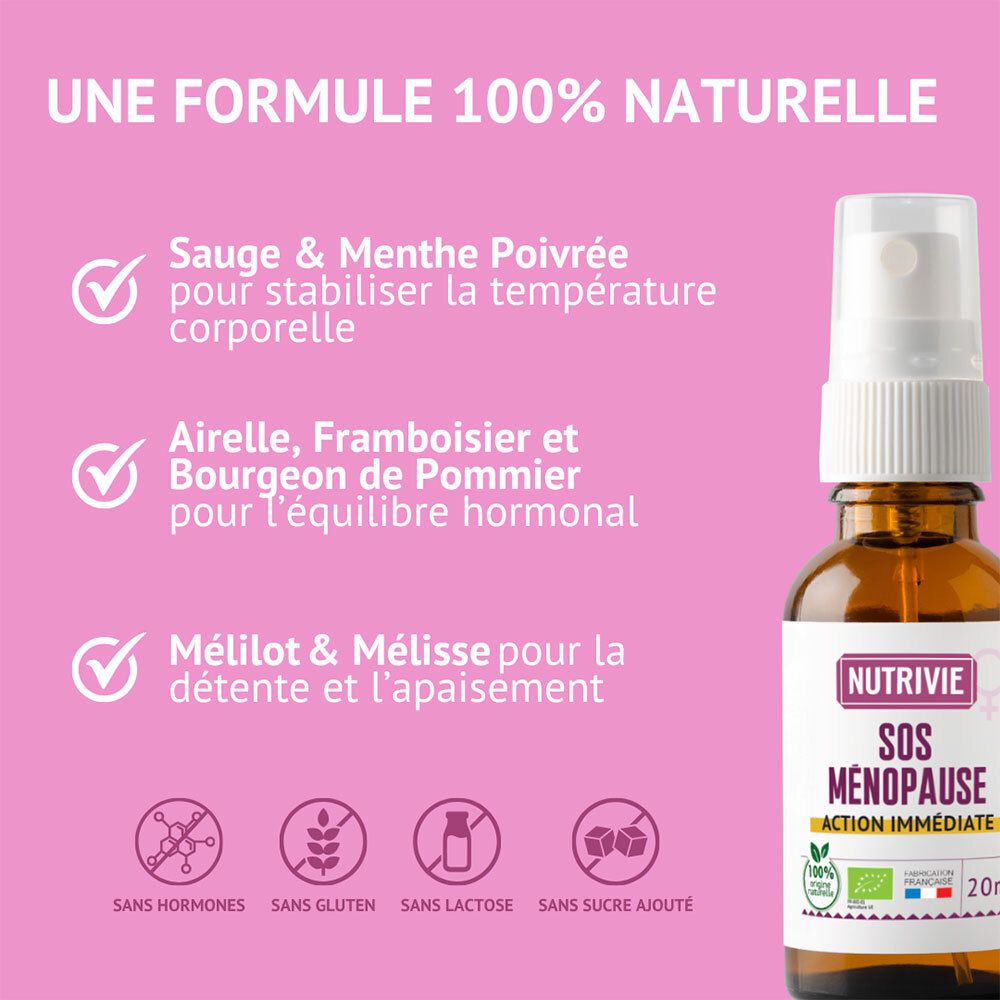 Nutrivie SOS Ménopause Spray, 20ml. Boîte avec liste d'ingrédients naturels et labels Bio.