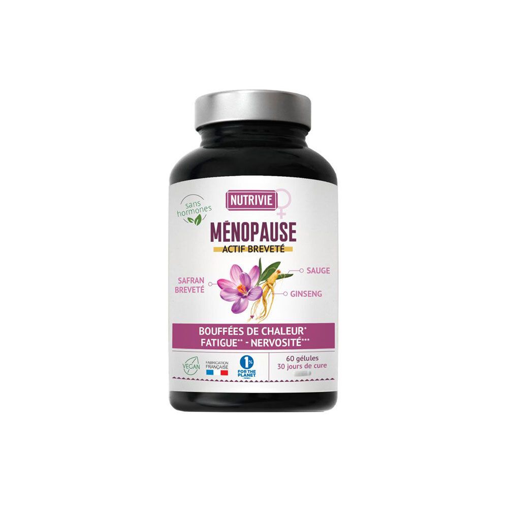 NUTRIVIE MENOPAUSE: Flacon de 60 gélules, étiquette violette avec accents roses, illustration de safran et de ginseng.