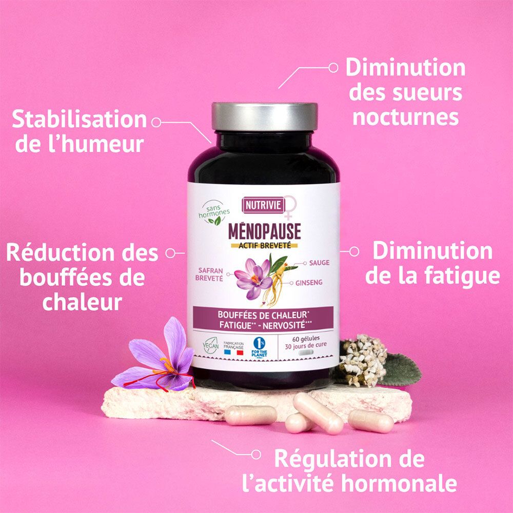NUTRIVIE MENOPAUSE: Flacon de 60 gélules, entouré d'éléments roses, avec bulles de texte listant les bénéfices.